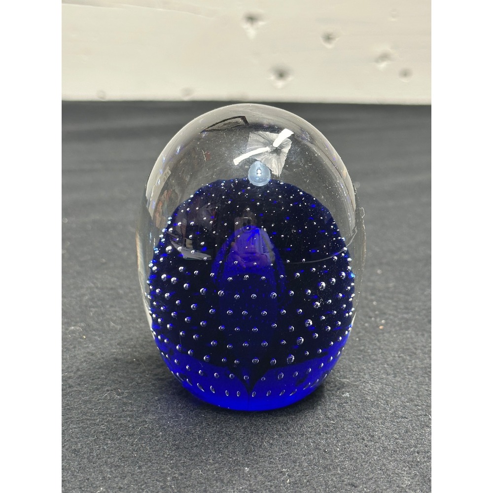 Cobalt Blue Controlled Bubble Art Glass Paperweight Egg Shape Clear Cased Glass
